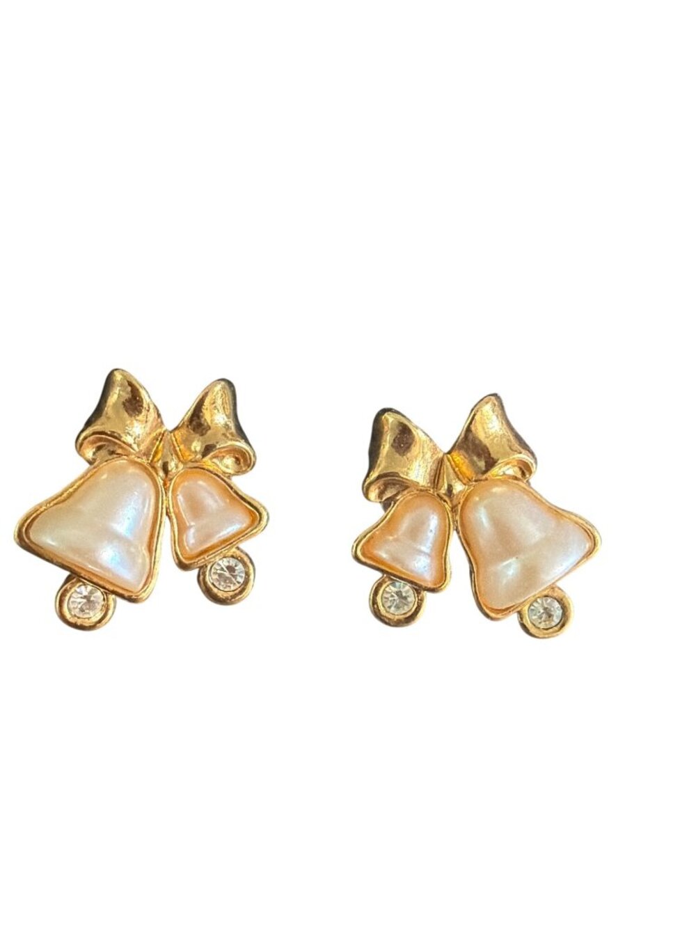 Vintage Gold Tone Bow Double Bell Earrings Faux Pearl Crystal Christmas Estate